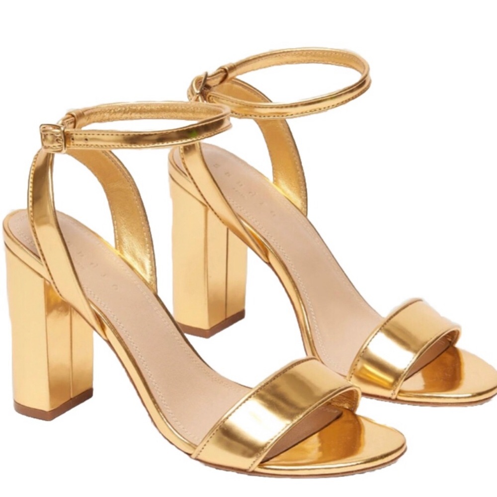 Sandro Gold Peep Toe Block Heels. Size 40.